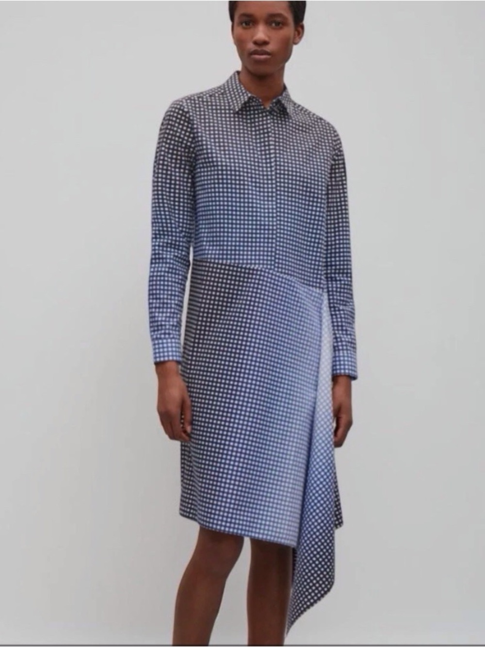 COS Size Small Grid Ombré Shirt Dress Asymmetrical Long Sleeve Multicolor Cotton